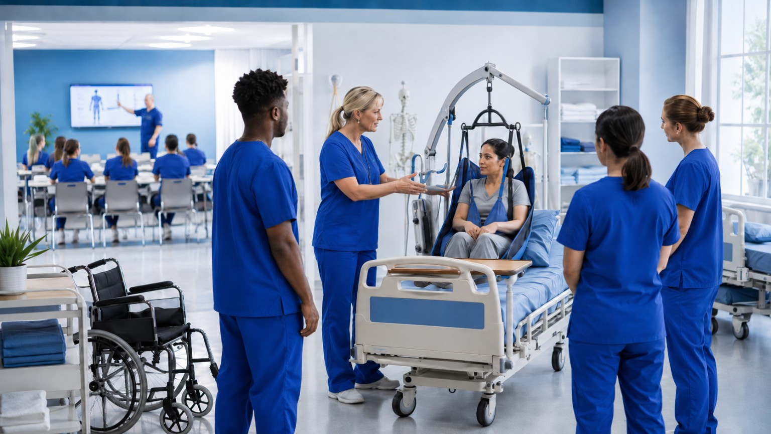 Healthcare skills lab with classroom space, medical beds and Hoyer lift practice