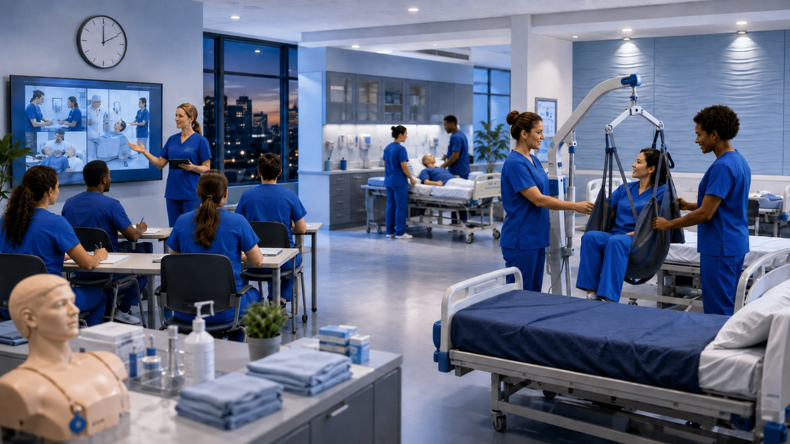 All-in-one healthcare training facility with classroom, clinical lab, medical beds and lift training